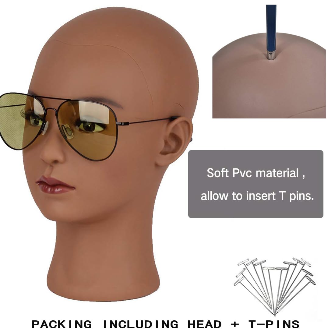 HAIRWAY Mannequin Head Bald Female Professional Cosmetology Training Head Bald Manikin Doll Head with Free T-pins Wigs Head Stand for Display(Dark Brown 21.5 Inch)