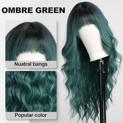 KOME Green Wigs with Bangs,Green Wig for Women Highlight Long Wavy Wig for Women,Long Curly Wigs Synthetic Hair Wig for Party Cosplay Daily Use 26IN…