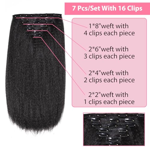 Yargel Hair 12 Inch 1 Pack Kinky Straight Clip in Hair Extensions for Black Women Yaki Straight Clip ins Full Head Seamless Synthetic Hair Pieces(7 Pcs/Set 16 Clips)