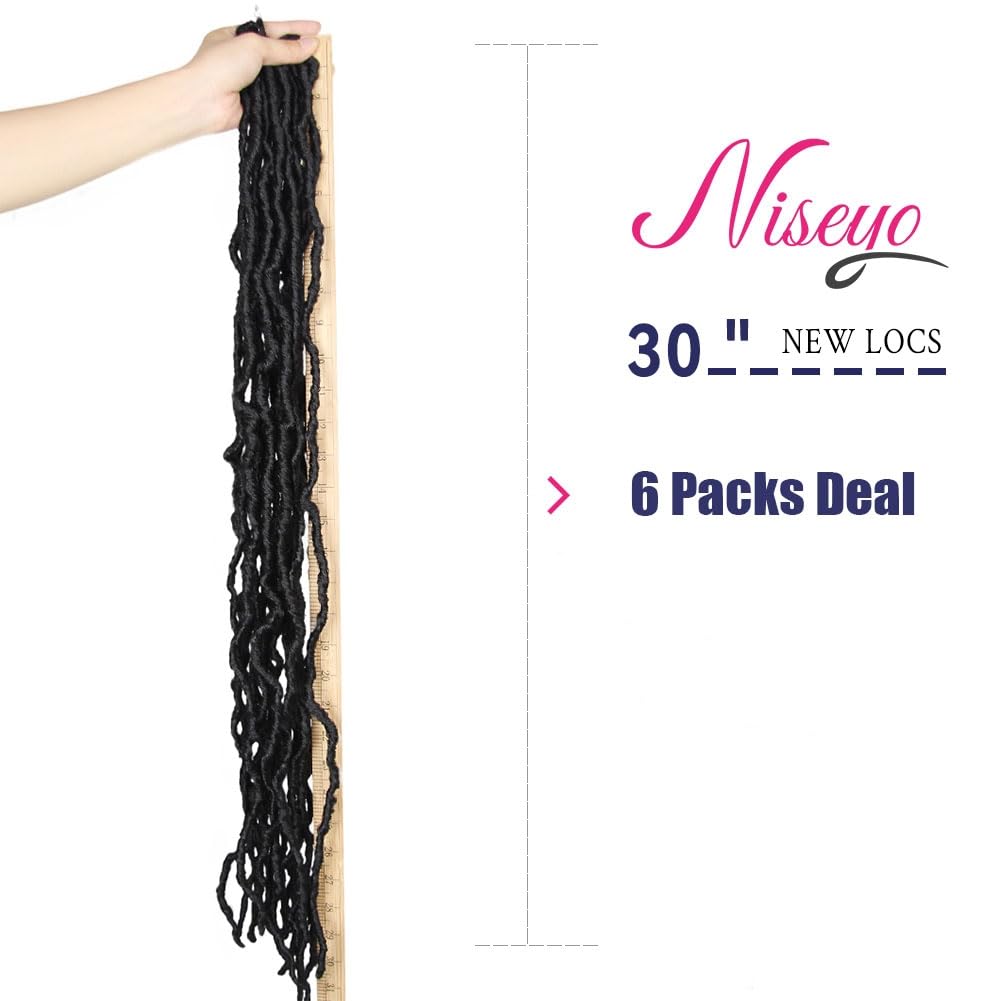 Niseyo Faux Locs Crochet Hair 30 Inch Soft Locs, 6 Packs Long Crochet Locs Pre Looped Crotchet Straight Synthetic Hair Extensions (1B, Natural Black)
