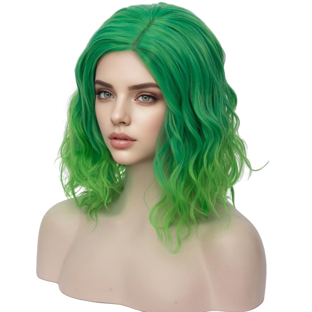 WTHCOS Green Wigs Short Curly Wavy Wig Green Bob Wig for Women Girls 14 Inches Natural Looking Synthetic Wigs for Cosplay Halloween Costume Party with Wig Cap