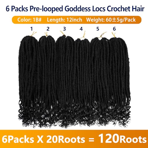 6 Packs Goddess Locs Crochet Hair, 12 Inch Straight Faux Locs Crochet Braids, Pre-Looped Curly Soft Synthetic Braiding Hair Extensions for Black Women(12 Inch, 6 Packs, 1B#)