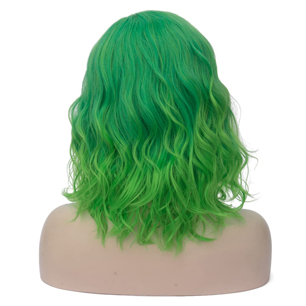 WTHCOS Green Wigs Short Curly Wavy Wig Green Bob Wig for Women Girls 14 Inches Natural Looking Synthetic Wigs for Cosplay Halloween Costume Party with Wig Cap