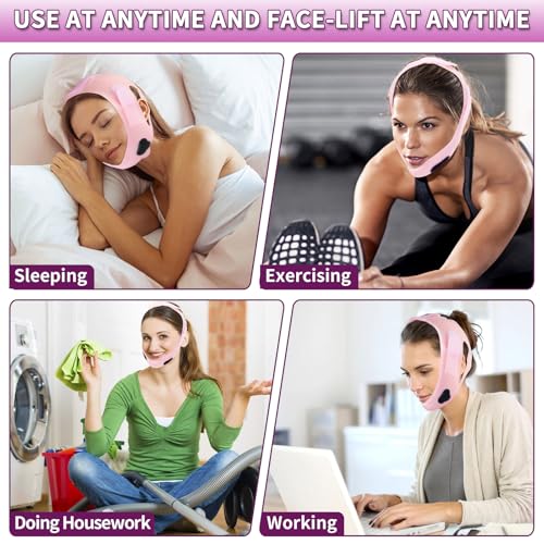 Upgrated V-silicone Face Lift Tape Face Strap,Soft Silicone Chin Strap for Women 23-27 Inches,Chin Strap For Sleeping (Pink)