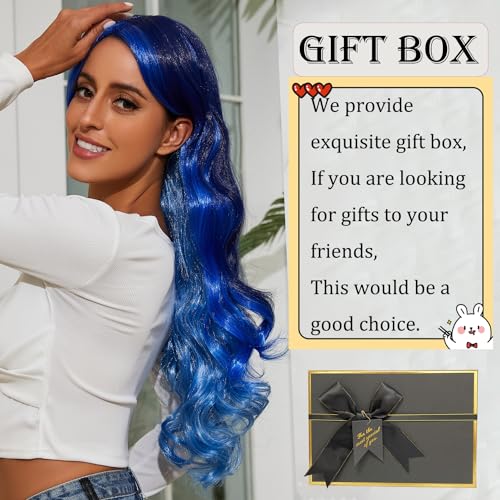 DAWANQU Long Wavy Curly Wigs for Women Lace Colored Cosplay Wig HD Lace Front Synthetic Wig Natural Wigs for Girls Daily Party Halloween Use(27 Inch, Ice Blue Gradient)