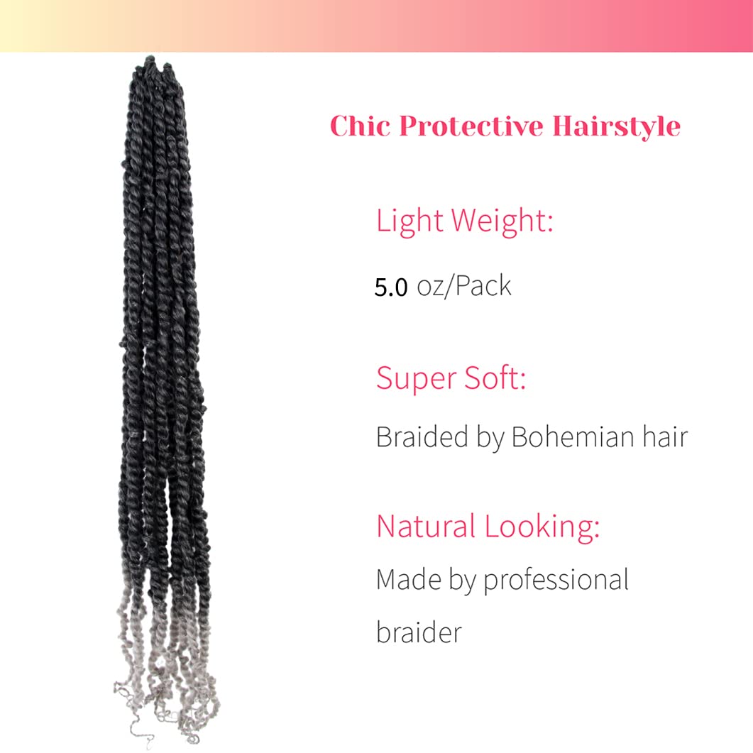 BOHOBABE Long Pre-Twisted Passion Twist Crochet Hair 36 Inch Pre-Looped Ombre Gray Braiding Hair 8 Packs Soft Bohemian Twists (T1B/Grey)