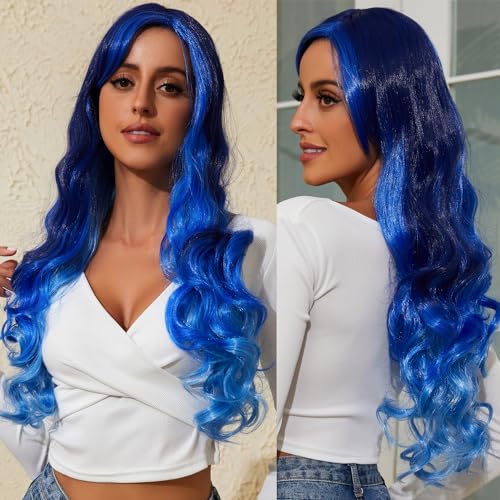 DAWANQU Long Wavy Curly Wigs for Women Lace Colored Cosplay Wig HD Lace Front Synthetic Wig Natural Wigs for Girls Daily Party Halloween Use(27 Inch, Ice Blue Gradient)