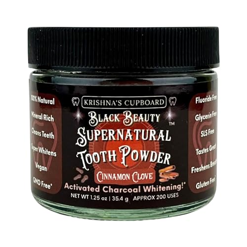 Krishna's Cupboard Black Beauty Supernatural Organic Tooth Cleaning Powder, All Natural, Remineralizing Activated Charcoal Teeth Whitening, Fluoride Free Vegan Powdered Toothpaste, Cinn/Clove 1.25 oz