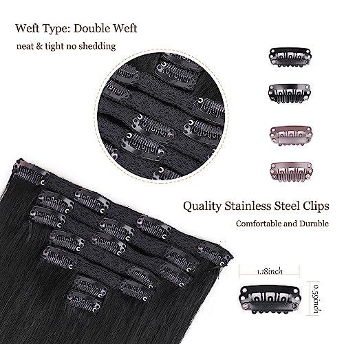 Clip In Human Hair Extensions,Double Weft 70g 7pcs Silky Straight Human Hair Clip In Extensions #1 Jet Black 12inch Remy Hair