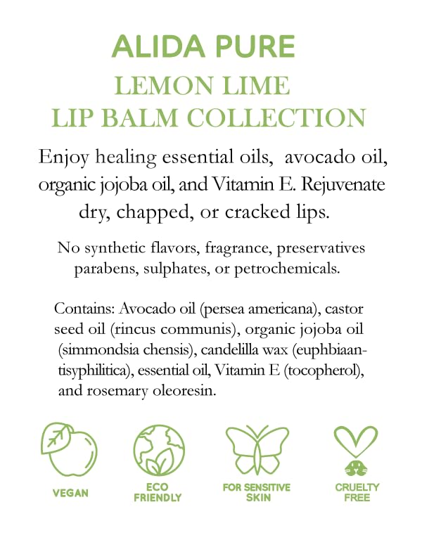 ALIDA PURE Lemon Lime Lip Balm Collection, Vegan Lip Balm Set, Bees Wax Free, Avocado Oil, Organic Jojoba Oil, Vitamin E, Moisturizer For Dry Cracked Lips, 3 Tubes per Set