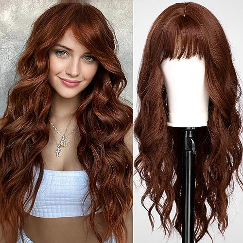 KOME Auburn Wigs with Bangs,Copper Red Long Wavy Wig for Women,Long Curly Synthetic Hair Wig for Party Daily Use 24IN