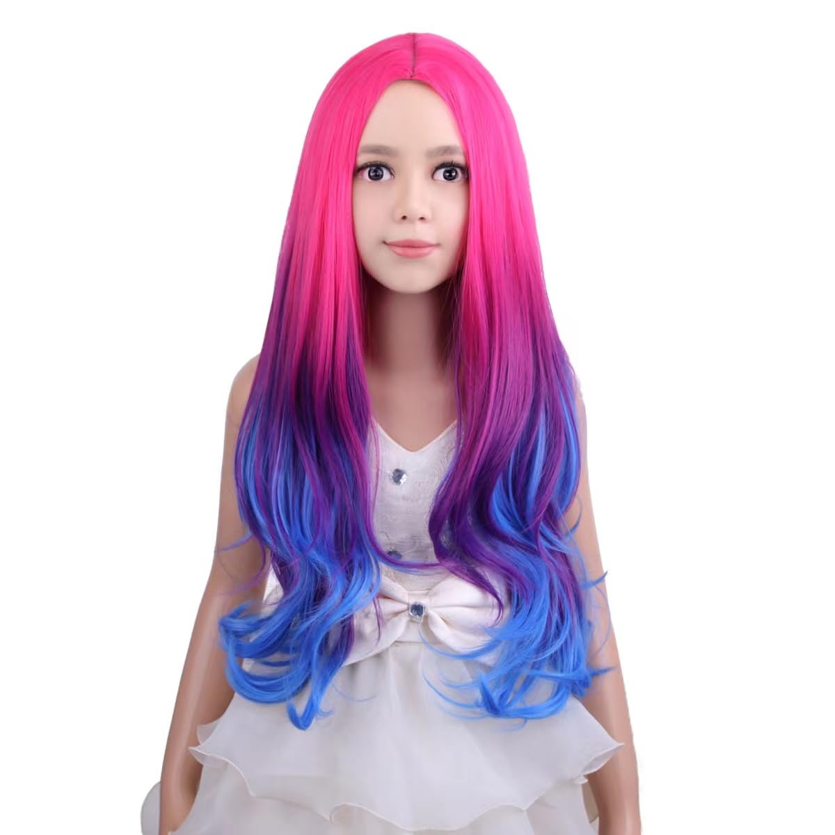 PATTNIUM Rose Ombre Blue Wig for Kids Child Hot Pink to Blue Wig Long Wavy Curly Ombre Blue Wig Heat Resistant Synthetic Hair Wigs