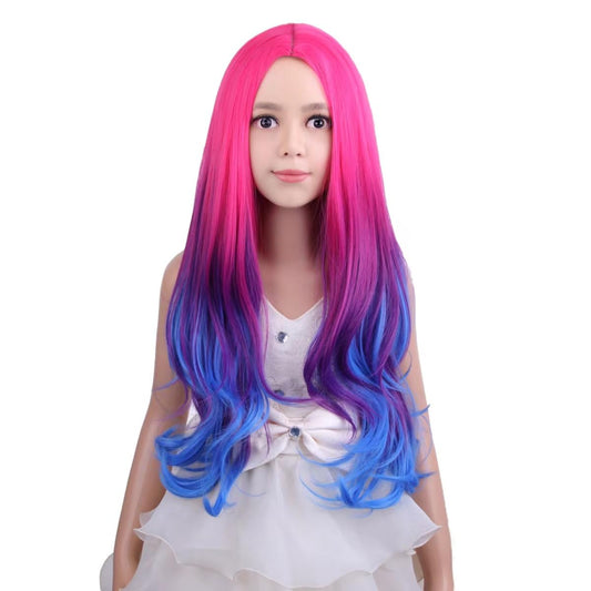 PATTNIUM Rose Ombre Blue Wig for Kids Child Hot Pink to Blue Wig Long Wavy Curly Ombre Blue Wig Heat Resistant Synthetic Hair Wigs