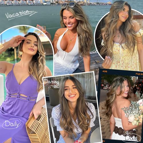 Isaic Clip in Synthetic Hair Extensions Layered Long Wavy 5PCS Thick Hairpieces Balayage Chocolate Brown to Caramel Blonde Synthetic Double Weft Natural Hair Extensions 16 Inch for Women