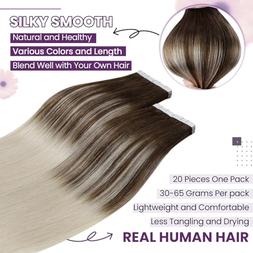 LaaVoo Tape in Human Hair Extensions Ombre Dark Brown to Platinum Blonde 22 Inch 50g/pack 20pcs Blonde Hair Extensions Seamless Skin Weft Tape in Extensions Real Human Hair