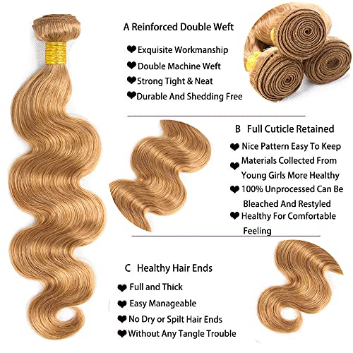 #27 Bundles Human Hair Honey Blonde Body Wave Bundles Brazilian Virgin Hair Samen Length 3 Bundles 22 22 22 Inch Blonde Body Wave Bundles Hair Extensions for Women 300g