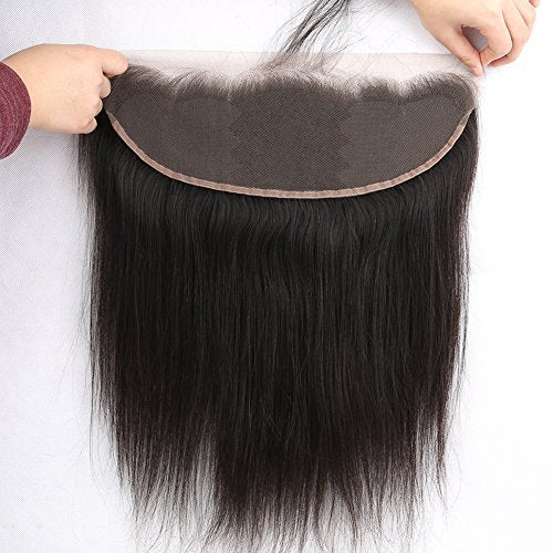 Greatremy Brazilian Virgin Human Lace Frontal Closure with Free Part Baby Hair Ear To Ear Straight 13"x4" Density Natural Color 10inch