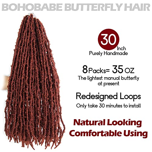 BOHOBABE 30 Inch Light Weight Butterfly Locs Crochet Hair 8 Packs Long Ginger Red Distressed Butterfly Faux Locs Crochet Hair, 350#
