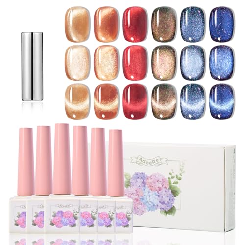 ADHERE Magnetic Cat Eye Gel Nail Polish Set, 12 ml*6 with 1 Magnets, Glitter Purple Blue Magnetic Effect Sparkle Stunning Nail Gel Polish with Soak Off Led Nail Art Gel DIY Salon Gifts