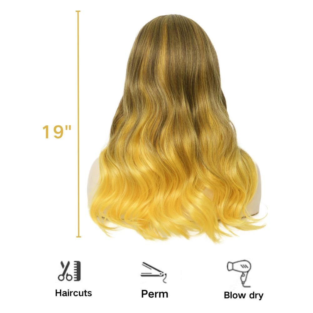 Amnenl Yellow Ombre Long Wavy Wigs for Women Brown Curly Natural Looking Wig Synthetic Middle Part Hair Wig for Daily Use
