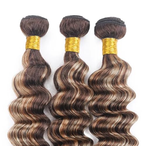 Fridnae Hair 24-28 Inch P4/613 Ombre Deep Wave Human Hair Bundles - Brazilian Unprocessed Virgin Hair, Two Tone Brown & Blonde Mix, Highlight Deep Wave