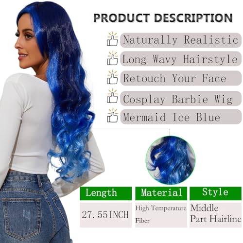 DAWANQU Long Wavy Curly Wigs for Women Lace Colored Cosplay Wig HD Lace Front Synthetic Wig Natural Wigs for Girls Daily Party Halloween Use(27 Inch, Ice Blue Gradient)