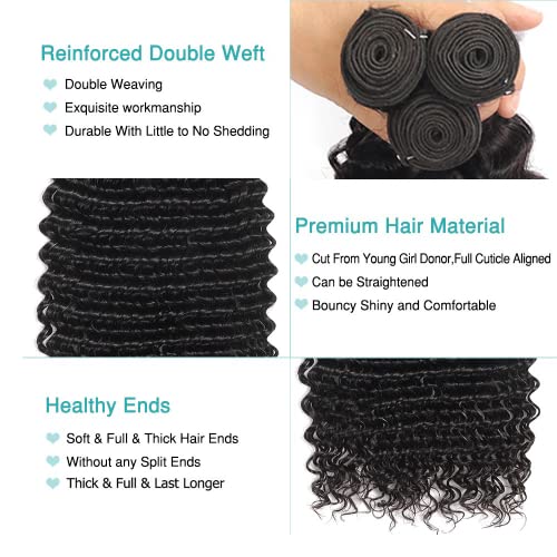 Human Hair Deep Wave Bundles Natural Black Color Unprocessed Brazilian Virgin Hair 16 Inch Loose Deep Wave Human Hair Bundles