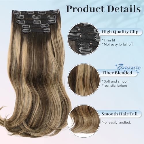Isaic Clip in Synthetic Hair Extensions Layered Long Wavy 5PCS Thick Hairpieces Balayage Chocolate Brown to Caramel Blonde Synthetic Double Weft Natural Hair Extensions 16 Inch for Women