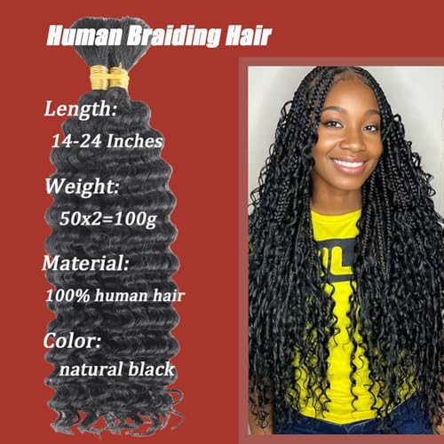Deep Wave Bulk Human Hair For Braiding 100 Percent Human Braiding Hair For Boho Braids No Weft Brazilian Virgin Curly Human Hair Extensions（2 Braids Per of 1 pack 100g ）