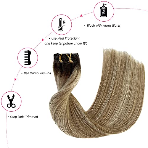 Human Hair Clip in Hair Extensions Balayage Hair Extensions Brown Mixed Blonde 18inch Real Remy Hair Extensions Clip ins Extensions Straight Silky Blonde Highlights Remy Hair 7pcs 70g
