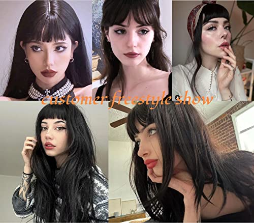 MSMYRNS Black Wig With Bangs Long Wavy Curly Glueless Fringe Unit Heat Resistant Synthetic Middle Part Full Machine Made No Lace Scalp Wig Costume Cosplay Hair Replacement Wig Girls Daily Use