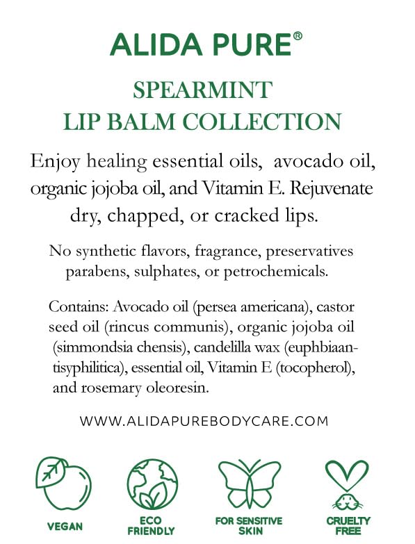 ALIDA PURE Spearmint Lip Balm Collection, Vegan Lip Balm Set, Beeswax Free, with Avocado Oil, Organic Jojoba Oil, and Vitamin E, Natural Moisturizer for Dry, Chapped Lips, 3 Tube Set