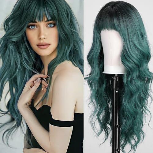 KOME Green Wigs with Bangs,Green Wig for Women Highlight Long Wavy Wig for Women,Long Curly Wigs Synthetic Hair Wig for Party Cosplay Daily Use 26IN…