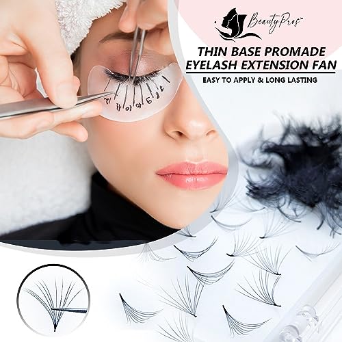 BeautyPros Professional Lash Extension Kit – Faux Mink Bundle 500 Lash Fans (8-17mm)- Premade Loose Fans base (0.05mm & 0.07mm) -Volume Lash Extensions Multiple Selection -Black (3D D Curl 12mm)
