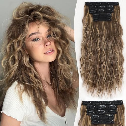 ALXNAN Clip in Hair Extensions, 20" Dark Brown Mixed Caramel Blonde, Thick Long Mermaid Waves Soft Hairpieces for Women