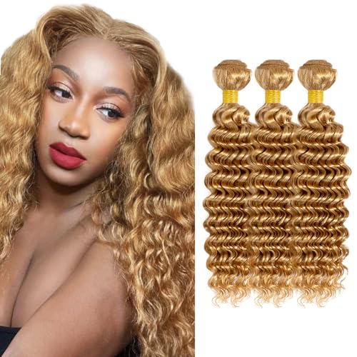 LadrXadr Hair #27 Bundles Honey Blonde Deep Wave Bundles Human Hair 18 20 22 inch 3 Bundles Color 27 Deep Wave Bundle