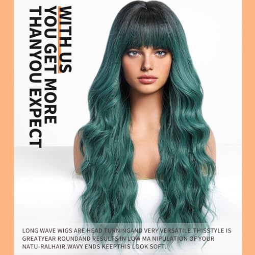 KOME Green Wigs with Bangs,Green Wig for Women Highlight Long Wavy Wig for Women,Long Curly Wigs Synthetic Hair Wig for Party Cosplay Daily Use 26IN…