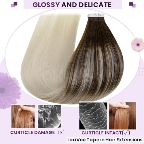 LaaVoo Tape in Human Hair Extensions Ombre Dark Brown to Platinum Blonde 22 Inch 50g/pack 20pcs Blonde Hair Extensions Seamless Skin Weft Tape in Extensions Real Human Hair