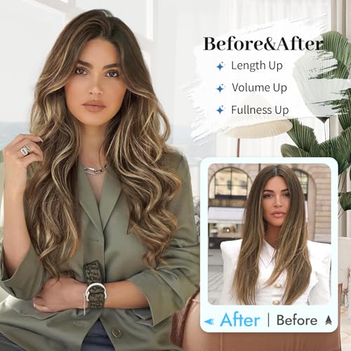 Isaic Clip in Synthetic Hair Extensions Layered Long Wavy 5PCS Thick Hairpieces Balayage Chocolate Brown to Caramel Blonde Synthetic Double Weft Natural Hair Extensions 16 Inch for Women