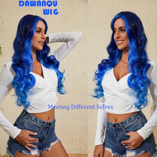 DAWANQU Long Wavy Curly Wigs for Women Lace Colored Cosplay Wig HD Lace Front Synthetic Wig Natural Wigs for Girls Daily Party Halloween Use(27 Inch, Ice Blue Gradient)