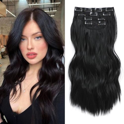 Clip in Hair Extensions Black Wavy Hair Extensions 16 Inch 4PCS Synthetic Hair Extensions Clip Ins Soft and Lightweight Hairpieces for Daily Wear