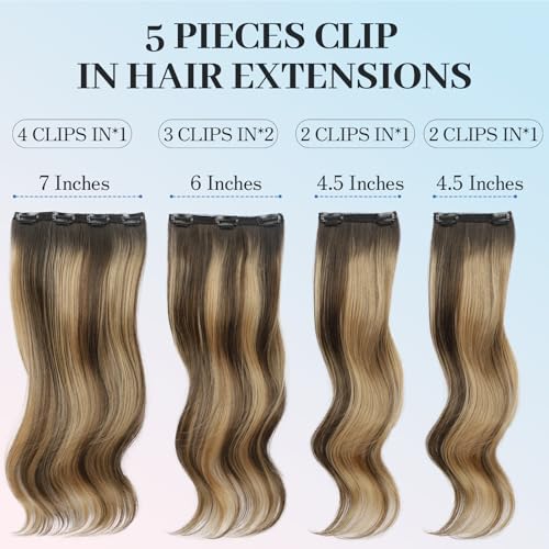 Isaic Clip in Synthetic Hair Extensions Layered Long Wavy 5PCS Thick Hairpieces Balayage Chocolate Brown to Caramel Blonde Synthetic Double Weft Natural Hair Extensions 16 Inch for Women