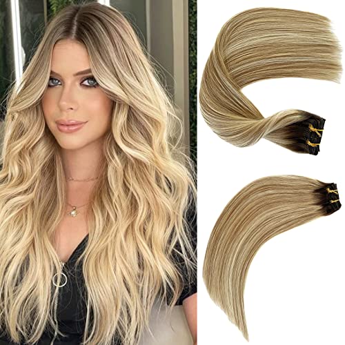 Human Hair Clip in Hair Extensions Balayage Hair Extensions Brown Mixed Blonde 18inch Real Remy Hair Extensions Clip ins Extensions Straight Silky Blonde Highlights Remy Hair 7pcs 70g