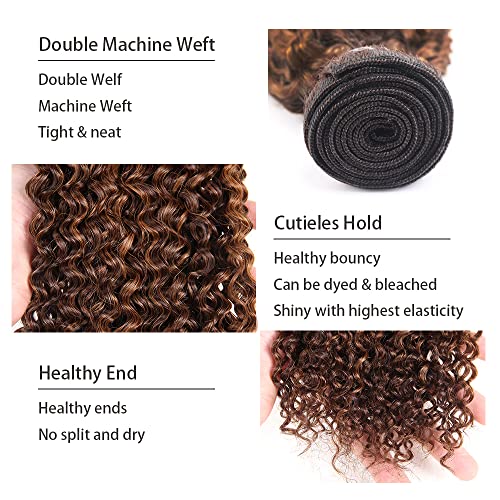 Honey Blonde Bundles P4/30 Kinky Curly Human Hair - 8A Grade Brazilian Unprocessed Virgin Hair, 3 Bundles - 10, 12, 14 Inch Light Brown Curly Remy Human Hair Extensions