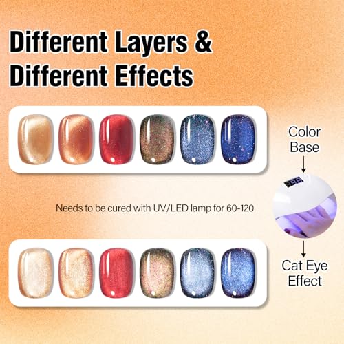 ADHERE Magnetic Cat Eye Gel Nail Polish Set, 12 ml*6 with 1 Magnets, Glitter Purple Blue Magnetic Effect Sparkle Stunning Nail Gel Polish with Soak Off Led Nail Art Gel DIY Salon Gifts
