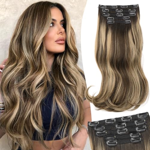 Isaic Clip in Synthetic Hair Extensions Layered Long Wavy 5PCS Thick Hairpieces Balayage Chocolate Brown to Caramel Blonde Synthetic Double Weft Natural Hair Extensions 16 Inch for Women