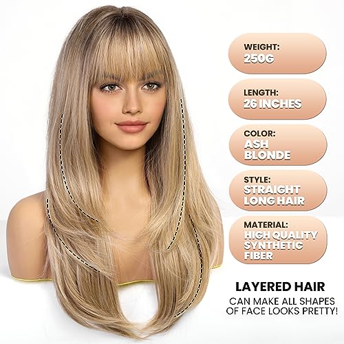 EMMOR Long Straight Yaki Wigs for Women with Bangs Comfortable Elastic Band 26 Inch Heat-resistant Synthetic Fibers(Mixed Brown)