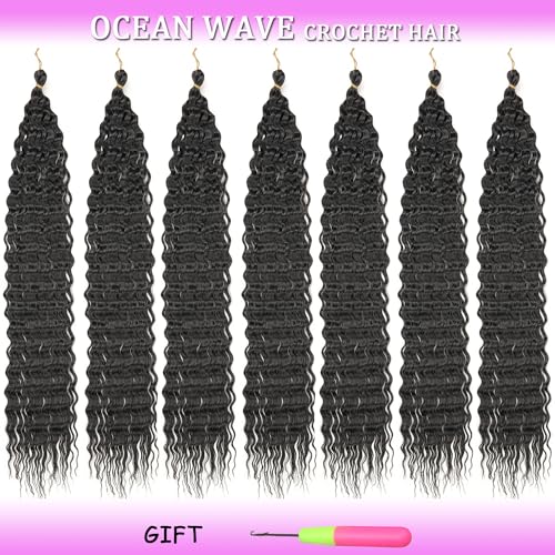 ZRQ Ocean Wave Crochet Hair 7 Packs 24 Inch Natural Black Deep Twist Wave Curly Wavy Crochet Braiding Hair Synthetic Hair Extension For Black Women #1B