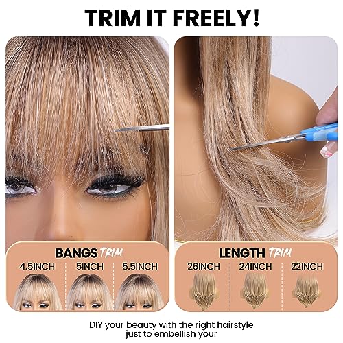 EMMOR Long Straight Yaki Wigs for Women with Bangs Comfortable Elastic Band 26 Inch Heat-resistant Synthetic Fibers(Mixed Brown)