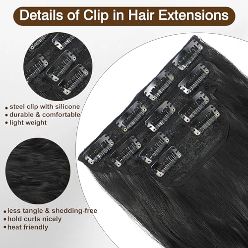 Clip in Hair Extensions Black Wavy Hair Extensions 16 Inch 4PCS Synthetic Hair Extensions Clip Ins Soft and Lightweight Hairpieces for Daily Wear
